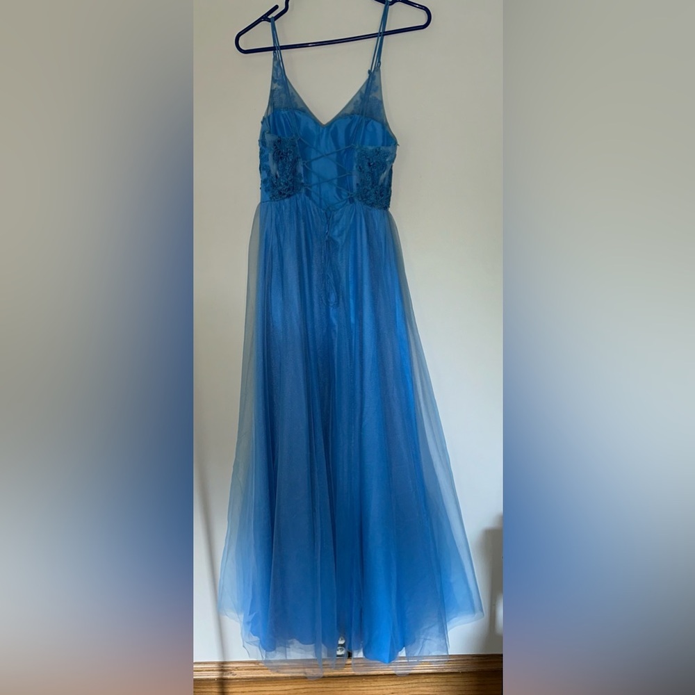 NWT Azazie Bridesmaids Maxi Dress Dariela Blue Jay Corset Back Women Sz Small A4 - Picture 3 of 11